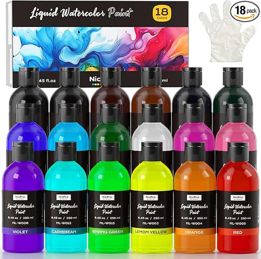 Nicpro 18 Colors Liquid Watercolor Paint Set, 8.45oz Large Bulk Liquid Watercolor Paint, Non-Toxic Water Colors Painting Supplies for Art Activity, Craft DIY, Poster, School, Home, Classroom, Party