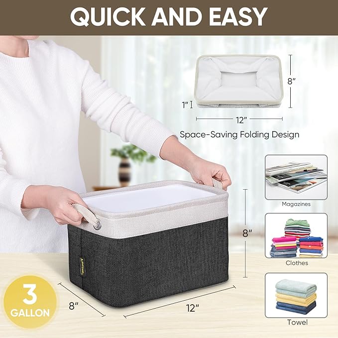 BALEINE 2 Pack Fabric Storage Bins for Shelves, Linen Storage Baskets for Organizing, Decorative Closet Bins for Clothes, Home (Black, 12"x8"x8")