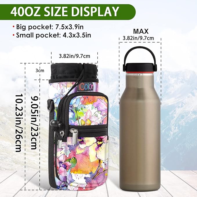 icolor Water Bottle Carrier Bag with Strap 25/32/40 oz Crossbody Bottle Holder with Phone Pocket Sling Sleeve Insulated Neoprene Water Bottle Pouch for Walking Travelling