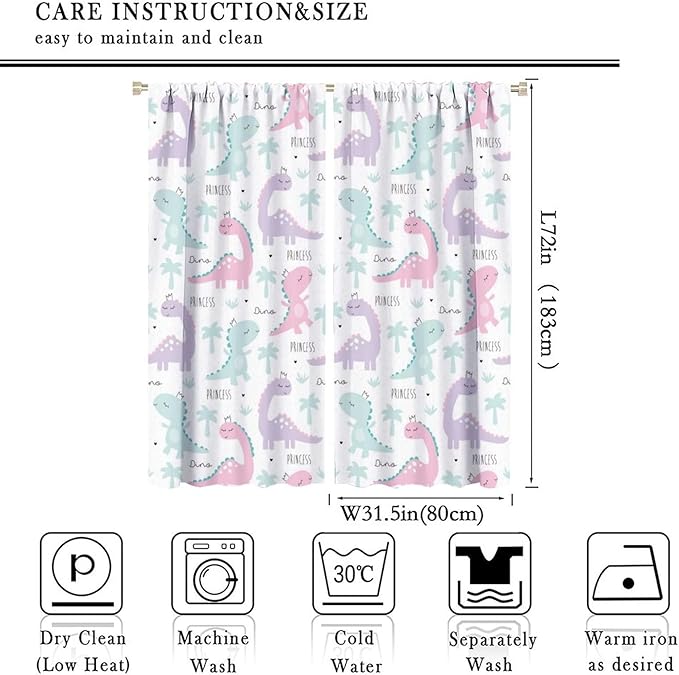 Kids Dinosaur Curtains for Boys Girls Bedroom Decor Cartoon Dino Colorful Cute Funny Animal Wildlife Printed Blackout Rod Pocket Window Drapes for Baby Nursery Playroom W31.5xL72in 2 Panels