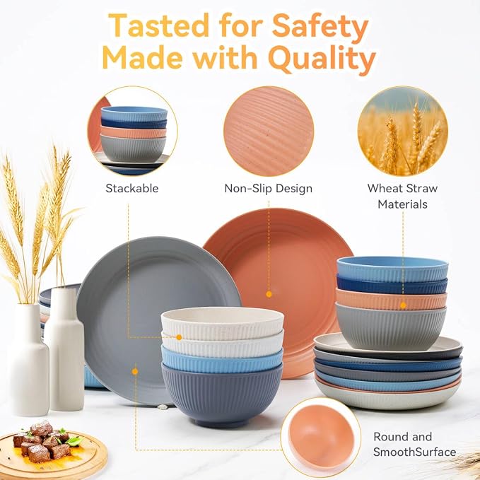 Wheat Straw Dinnerware Sets, 64-Piece Black Plates and Bowls Sets - Image 4
