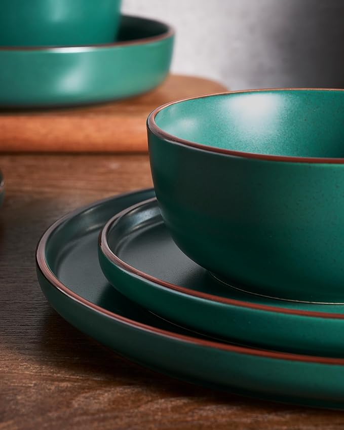 Famiware Mercury 24-Piece Stoneware Dinnerware Set, Dark Green | Plates and - Image 3