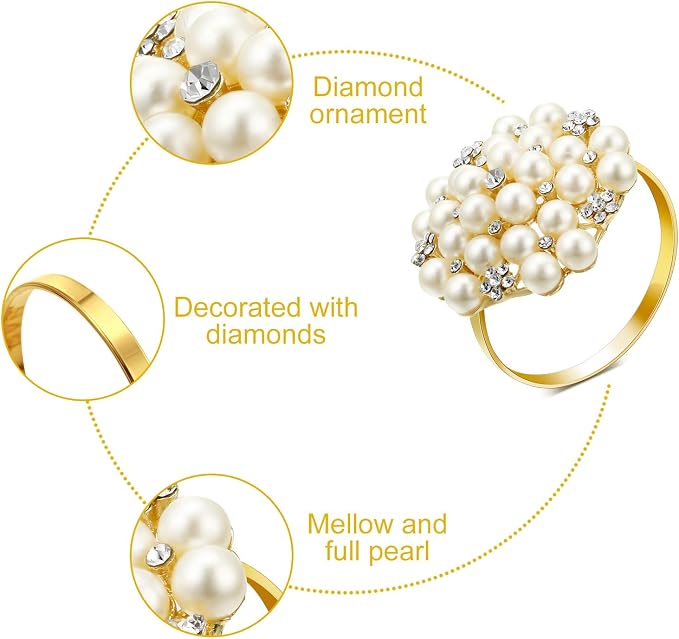 Hotop 144 Pcs Gold Napkin Rings Pearls and Flower Napkin Buckles Rhinestone - Image 6
