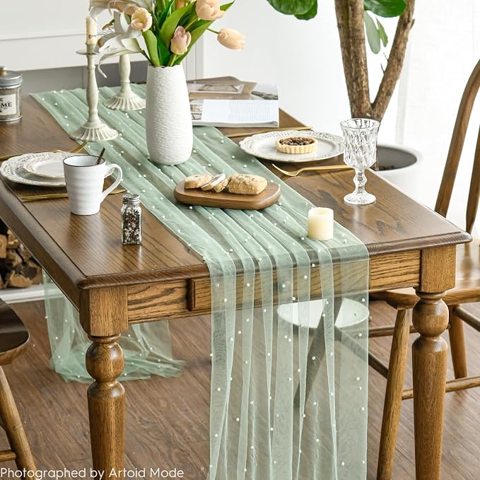Artoid Mode Pearl Grass Green Gauze Table Runner 59x120 Inch, Seasonal Sheer - Image 3
