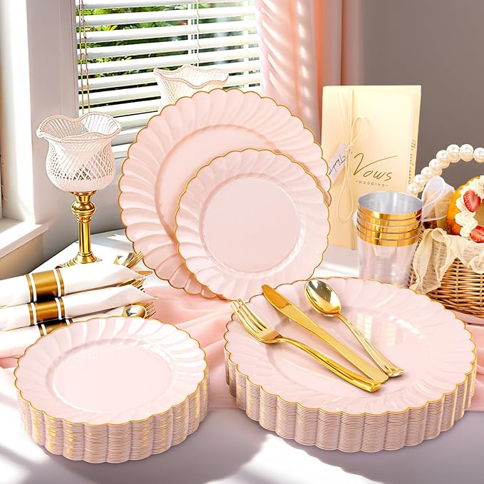 YOUBET 350PCS Pink Scalloped Plastic Plates - Image 3