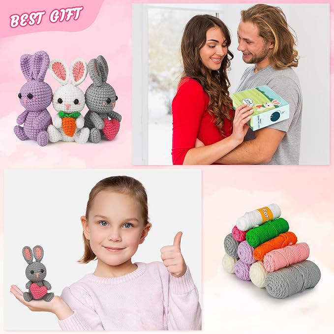 ekaus Crochet Kit for Beginners, Crochet Kit with Step-by-Step Video Tutorials, Crochet DIY Knitting Supplies for Adults Kids, Crochet Rabbits(45%+ Yarn)