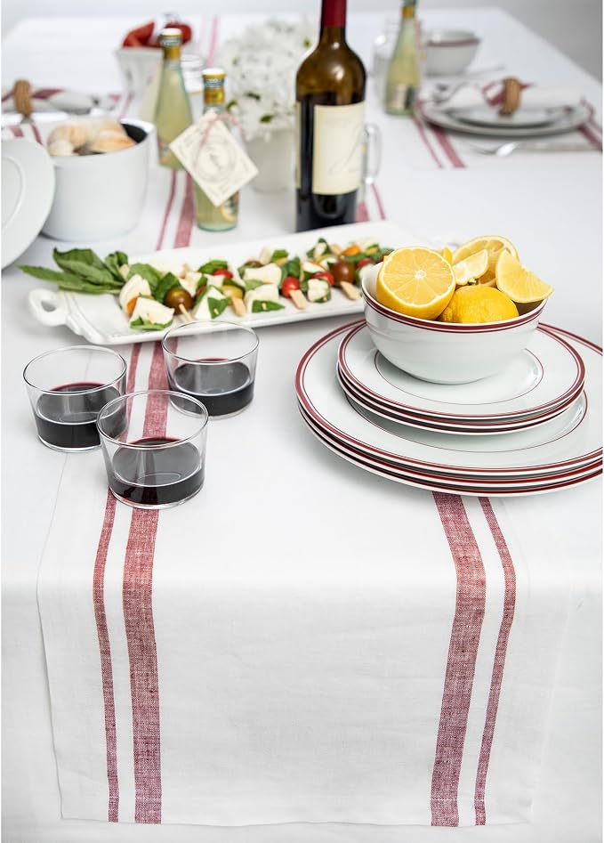 Solino Home 100% Linen Table Runner, 14 x 36 in, Burgundy and White Striped | - Image 2