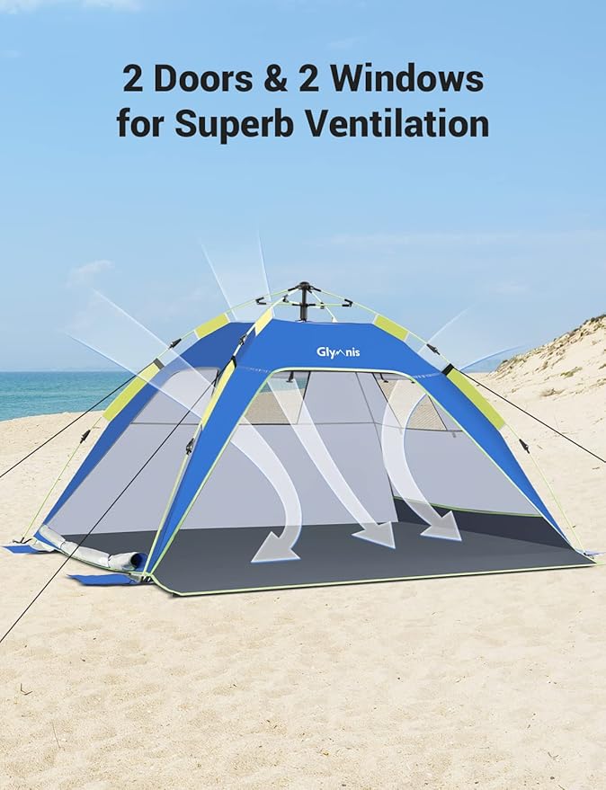 Glymnis Pop Up Beach Tent Sun Shade Shelter for 3-4 Person with UPF 50+, Lightweight & Easy Setup, Vent Windows & Zippered Door, Extended Floor Family Instant Beach Tent