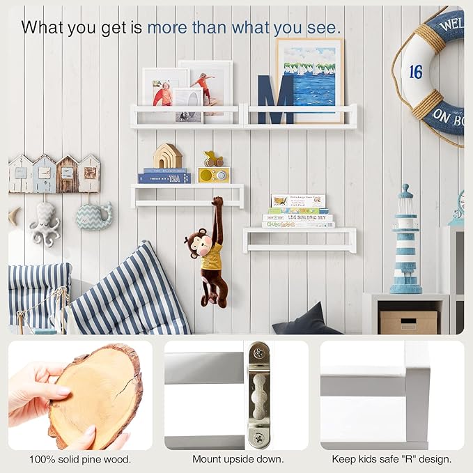 Forbena Floating Nursery Book Shelves for Wall Set of 4, White Wall Bookshelf for Kids Room, Small Wood Book Shelf Bookshelves for Baby Teen Boys Girls Bedoom Bathroom Toy and Decor Storage