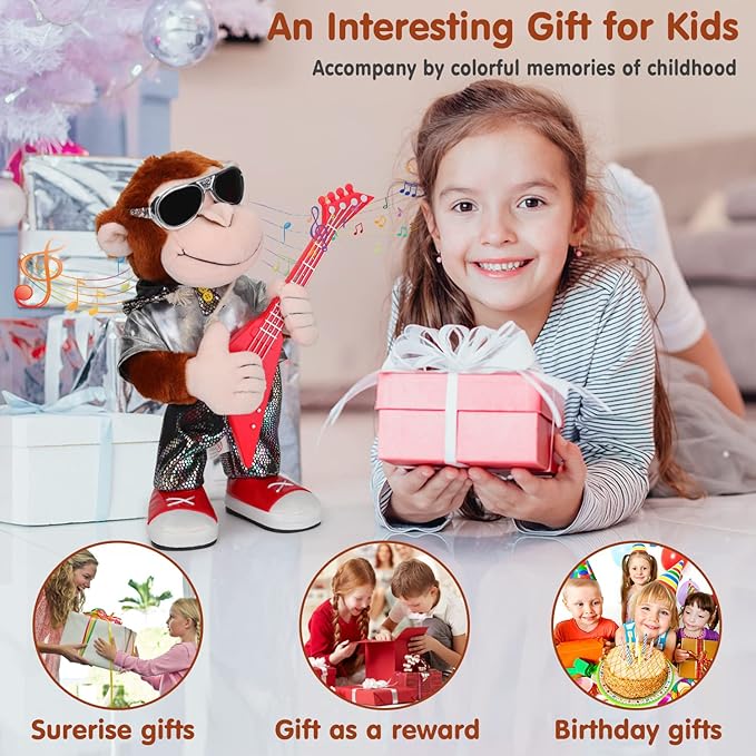 Dancing Monkey Plush Toy, Stuffed Toys, Dancing Singing, Body Shaking, and Guitar Shaking, Punk Molding, One Button Control, Children's Education Toys, Musical Intelligence Development