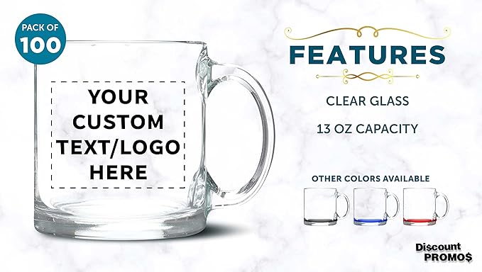 Custom Libbey Clear Glass Coffee Mugs 13 oz. Set of 100, Personalized Bulk Pack - Perfect for Coffee, Tea, Espresso, Hot Cocoa, Other Beverages - Clear Bottom