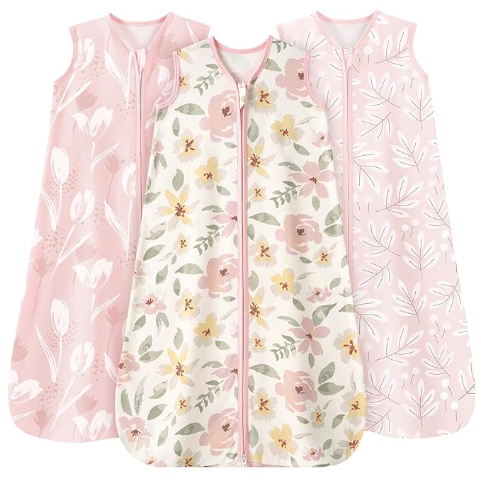 Baby Sleep Sack 12-18 Months 3 Pack 100% Cotton Lightweight 0.5 TOG Wearable Blanket Baby Sleep Bag with 2-Way Zipper for Newborn Infant Pink Flowers & Leaf