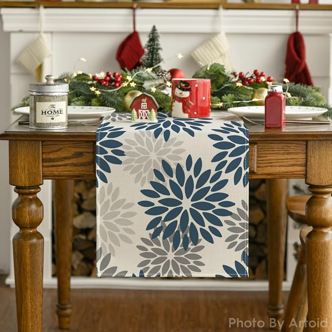 Artoid Mode Dahlia Aqua Floral Pinnata Flower Summer Table Runner, Seasonal - Image 7