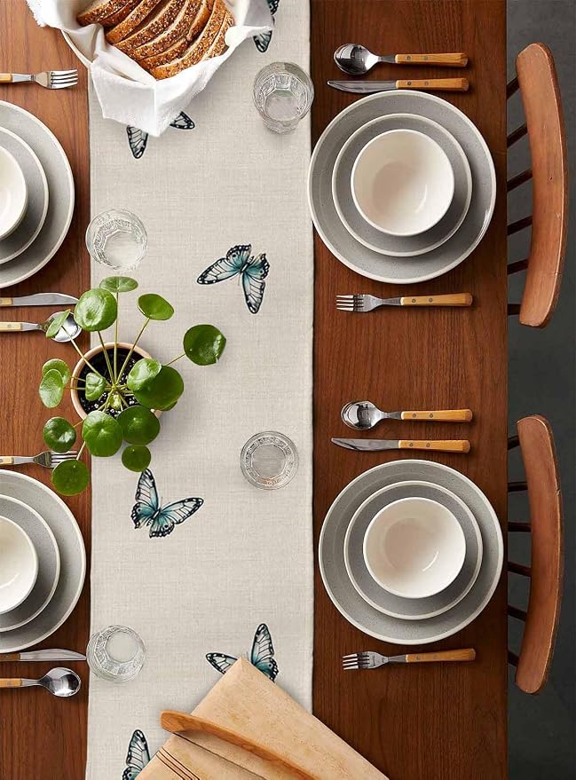 Turquoise Floral Table Runners 90 Inches Long, Spring Flowers Butterfly Table - Image 5