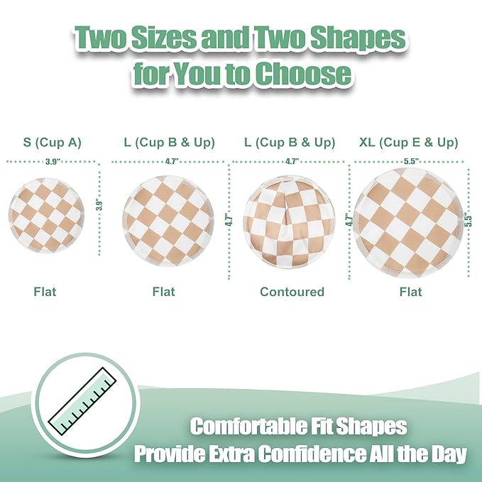 wegreeco Nursing Breast Pads (14 Pack) + Laundry Bag & Travel Storage Bag, 4.7 inch - Washable & Reusable Breastfeeding Nursing Pads (Light Coffee Checkerboard, Large, Contoured Shape)