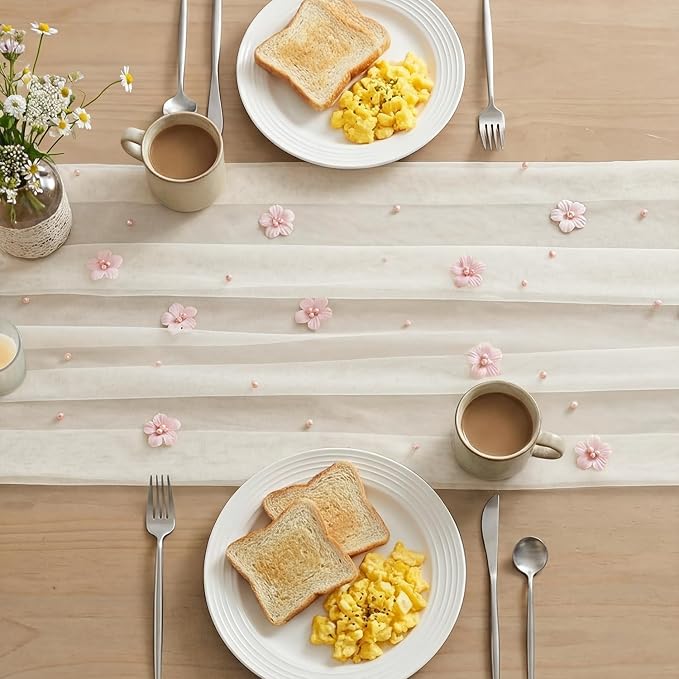 Artoid Mode Pink Flower Pearl White Gauze Table Runner 10FT, Seasonal Sheer - Image 4
