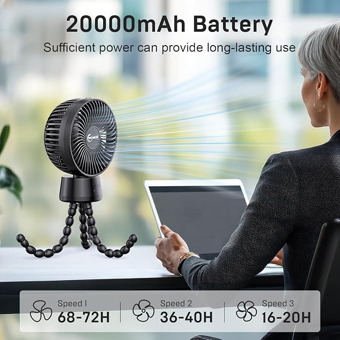 20000mAh Portable Stroller Fan, 120° Auto Oscillation, 3-IN-1 with Power Bank LED Light Detachable Flexible Tripod Rechargeable Battery Powered Clip On Fans Desk for Baby Crib Car Seat Travel