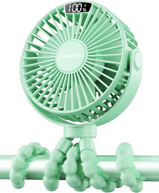SWEETFULL Portable Stroller Fan with Display 4000mAh Battery Powered Mini Clip On Fan, 4-Speed Rechargeable Small Personal Cooling for Baby Car Seat Crib Travel - Green