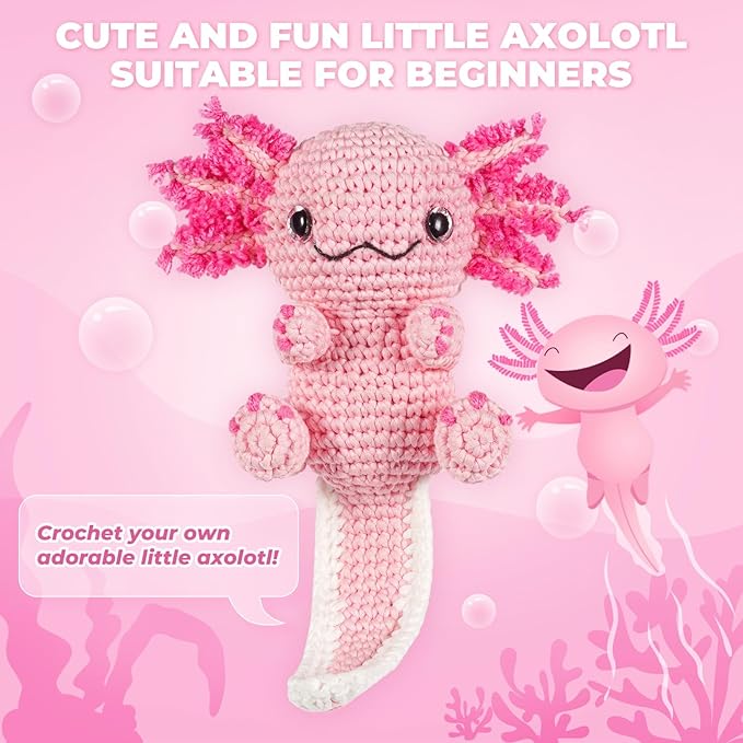 Crochet Kit for Beginners, Learn to Crochet, Include Easy Knitting Soft Yarn, Step-by-Step Video Tutorial, Hook, Holiday Birthday Gift for Adults and Kids(Happy Axolotl)