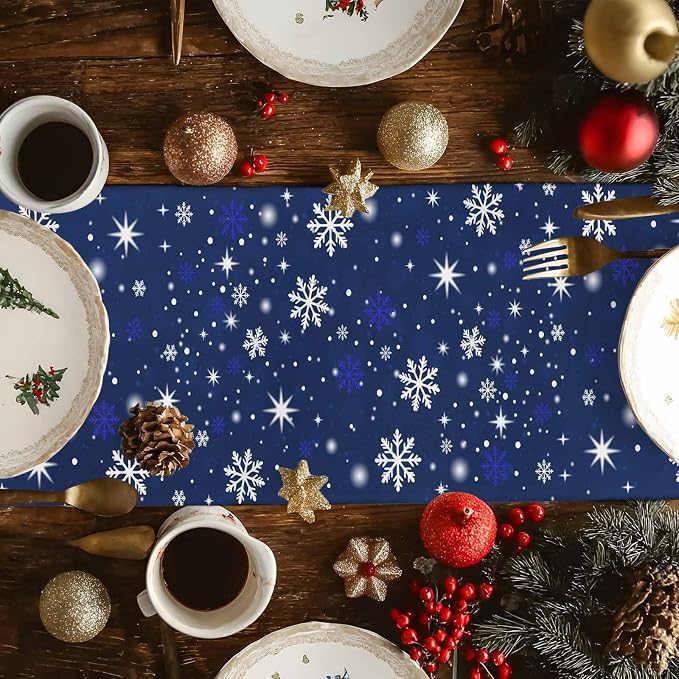 Navy Blue Christmas Tree Table Runner 72 Inches Long, Xmas Balls Snowflake - Image 4