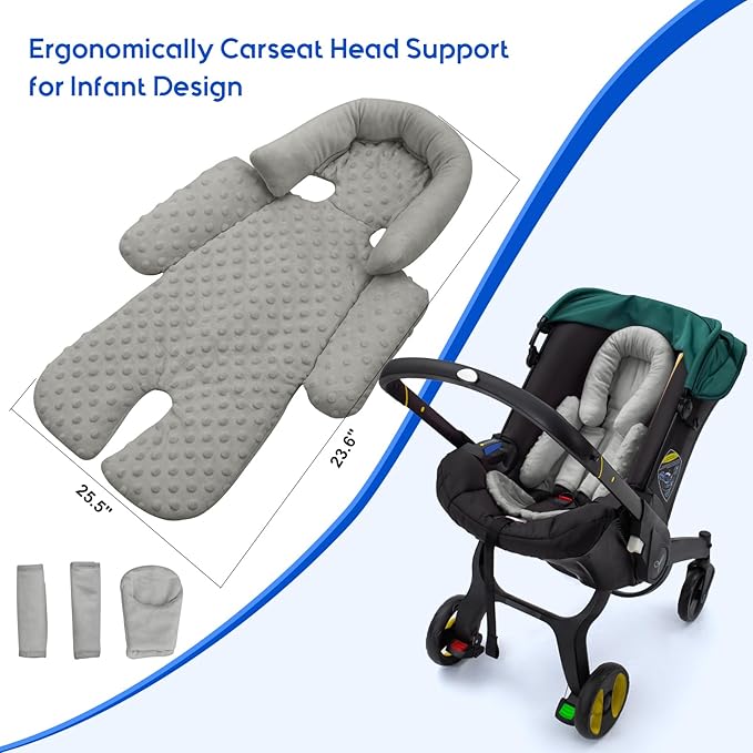 Baby Car Seat Head Support for Doona Stroller, Thickened Infant Carseat Head Support with 3 Strap Covers, Reversible Car Seat Insert for Newborn, Baby Car Seat Cushion with Filled Natural Cotton