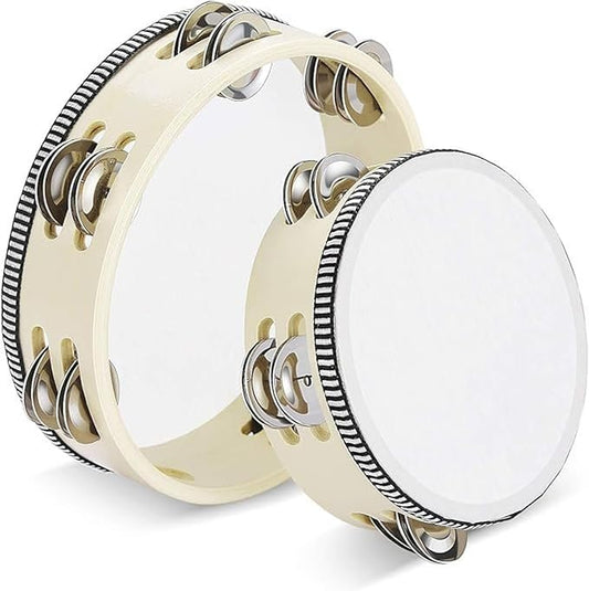 Flexzion Handheld Tambourine - 8 & 6 Inch Set of 2 Pack, Double Row 12 Pair Metal Jingles, Percussion Drum Moon Musical Educational Instrument for Adults Classroom Gift Party (Wood)