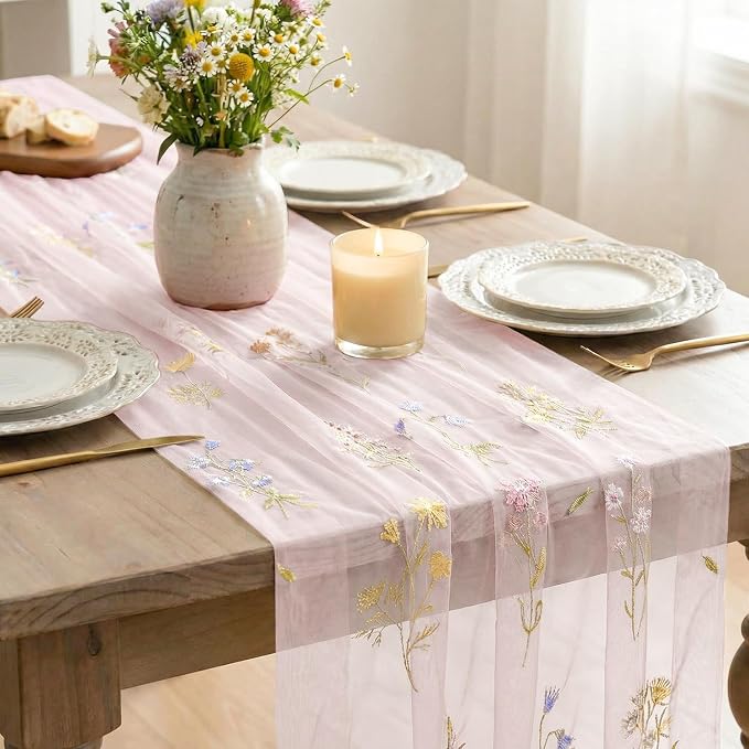 Artoid Mode Wildflower Floral Light Pink Gauze Embroidery Table Runner 120 Inch - Image 4