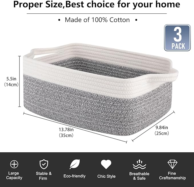 OIAHOMY 3 Pack Storage Baskets for Organizing, Woven Cotton Rope Basket for Shelves, Closet Organizer Bins with Handles, Rectangle Toy Organization, 13.78''×9.84''×5.5'', Grey & White