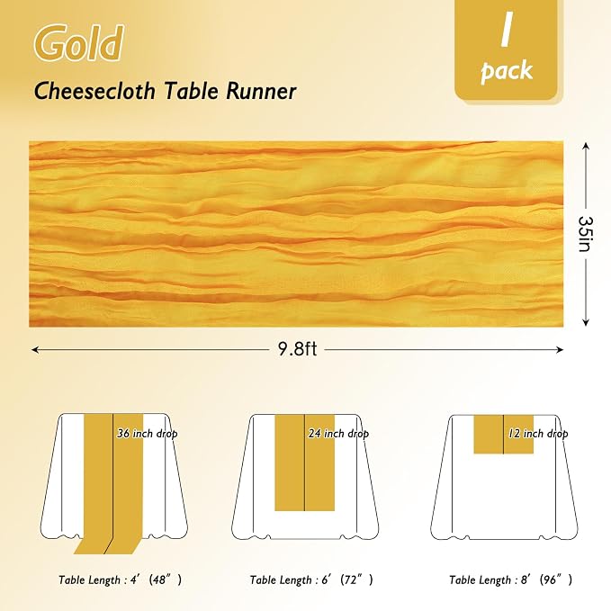 1 Pack Gold Cheesecloth Table Runner 120 Inch Boho Wedding Decor | Cheesecloth - Image 2