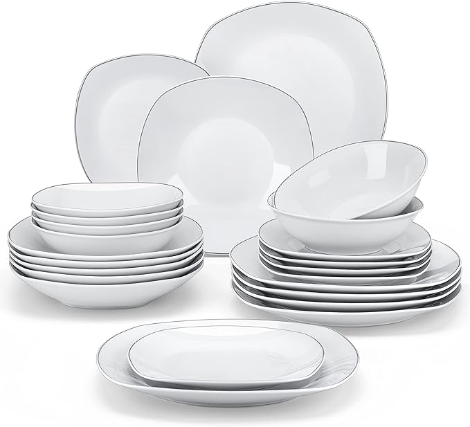 MALACASA Dinnerware Sets, 24 Piece Porcelain Square Dishes, Ceramic Dish Set by MALACASA