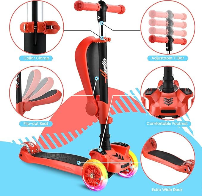 Hurtle 3-Wheeled Scooter for Kids - Wheel LED Lights, Adjustable Lean-to-Steer Handlebar, and Foldable Seat - Sit or Stand Ride with Brake for Boys and Girls Ages 1-14 Years Old
