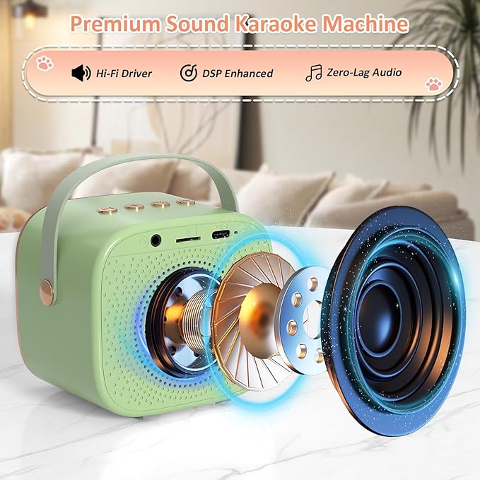 J&D Mini Karaoke Machine for Kids Adults, Portable Bluetooth Speaker with 2 Wireless Mics and Cat Sticker for Girls Boys Age 3–10 Birthday Gifts Princess Toys, Colorful LED, Green