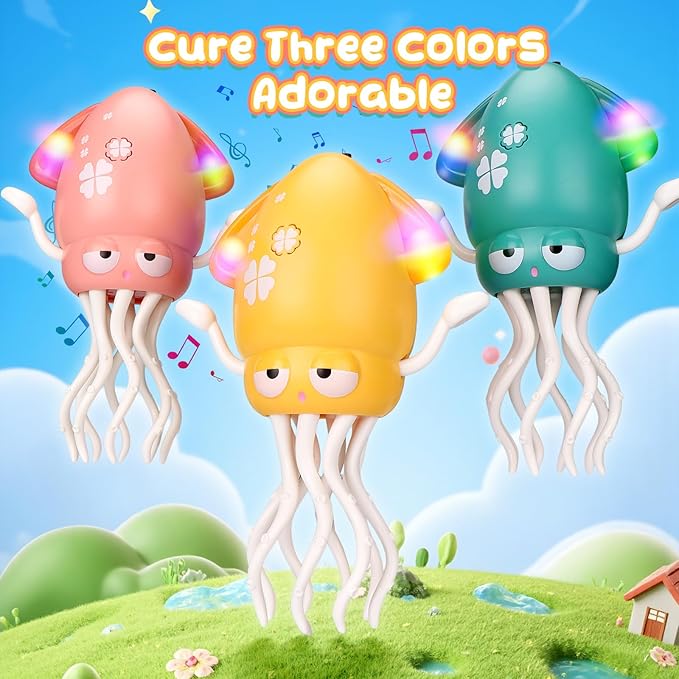Magic Electric Dancing Octopus Toy with Led Light and Music,Playful Automatic Evasion Crawling Dancing Octopus with Fishing Rod,Smart Tentacle Explorer Dancing Squid Toy Tummy Time Baby Toys,Yellow