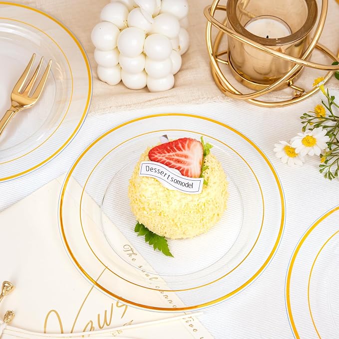 bUCLA 100 Pieces Clear Gold Plastic Plates Disposable - Image 3