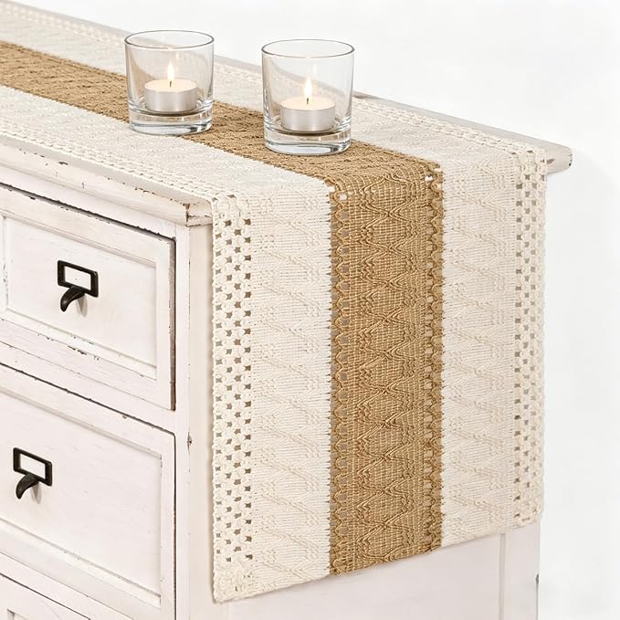 Ivory & Burlap Boho Table Runner Farmhouse Woven Table Runner 12x90 Inch | by MLMC