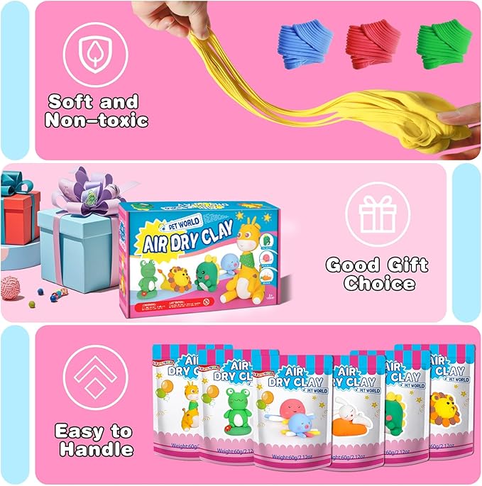 ifergoo Air Dry Clay for Kids - Animal Modeling Clay Kit, 6 Animal Designs with Sculpting Tools & Tutorials, Ultra Light & Soft, Arts & Crafts DIY Creative Toys, Gifts for Age 3-12 Girls & Boys
