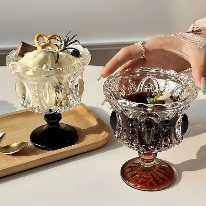 Carnival Glass Vintage Footed Dessert Cups Set of 2, 9oz Embossed Goblet - Image 6