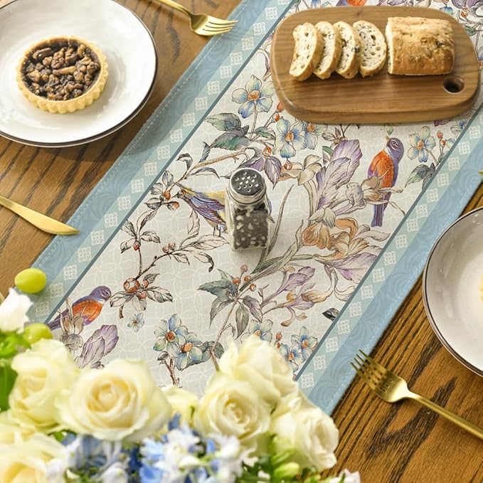 Artoid Mode Blue Birds Flowers Blossom Table Runner, Seasonal Spring Floral - Image 4