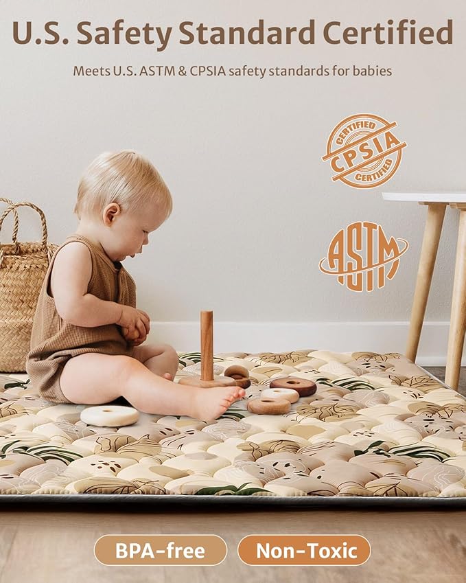 Blissful Diary Portable Baby Play Mats for Floor, Thick Cushioned Foldable Baby Crawling Mat for Indoor Outdoor, Non-Slip & Washable Kids Playmat for Tummy Time Activity, Earth Tones 43" X 43"