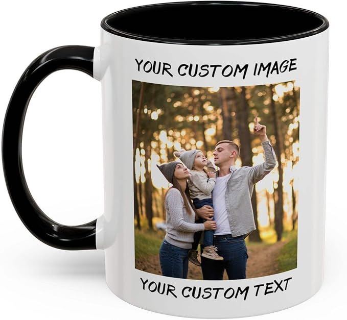 Personalized Coffee Cup with Photo, Logo or Text - Custom Both Sides Printed Mug for Him & Her - Unique Customized Gifts with Names - White/Black