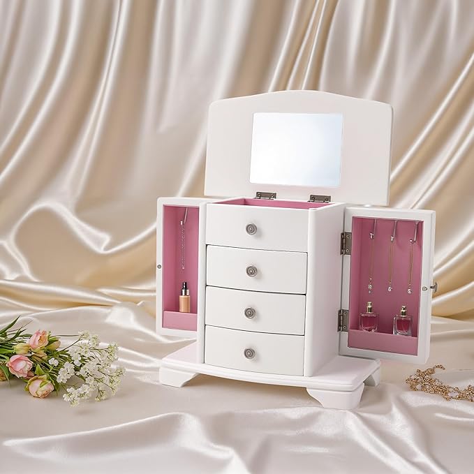 Jewelry Box,White Wooden Jewelry Box With Top Mirror, Jewelry Organizer Wooden Is Suitable For Storing Rings,Bracelets,Necklaces Etc