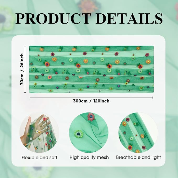Artoid Mode 3PCS Dark Green Embroidery Daisy Gauze Table Runner 120 Inch | - Image 6