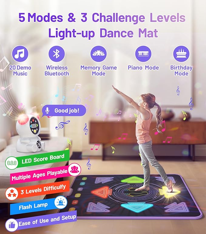 FWFX Dance Floor Games Mat for Kids, Rechargeable Light up Electronic Exercise Toy with Bluetooth for Boys and Girls, Ideal Christmas and Birthday Gift for Kids Ages 3 to 12 (Multicolored)