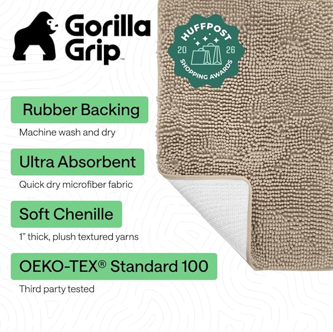 GORILLA GRIP Bath Rug Mat 60x17, Thick Absorbent Chenille, Quick Dry Microfiber - Image 2