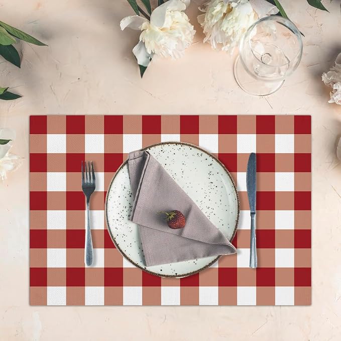 Red and White Check Plaid Placemats Set of 4, Washable Heat Resistant Placemats - Image 3