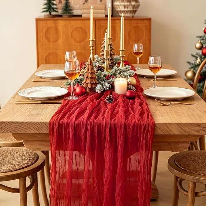 6Pcs Red Table Runner, 10FT Rustic Gauze Red Table Runner 35*120inch Boho Table - Image 4