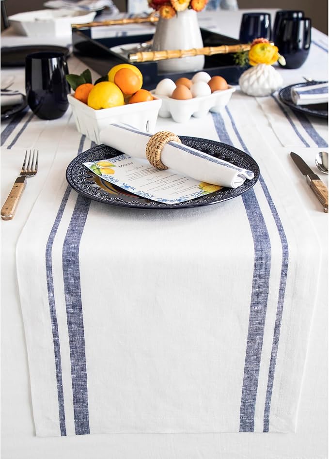 Solino Home 100% Pure Linen Table Runner, 14 x 132 in, French Stripe | Table by SolinoHome