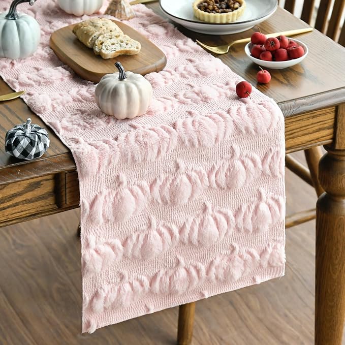 Artoid Mode Pink Soft Faux Fur Pumpkins Fall Table Runner 13x36 Inch | Seasonal by ArtoidMode
