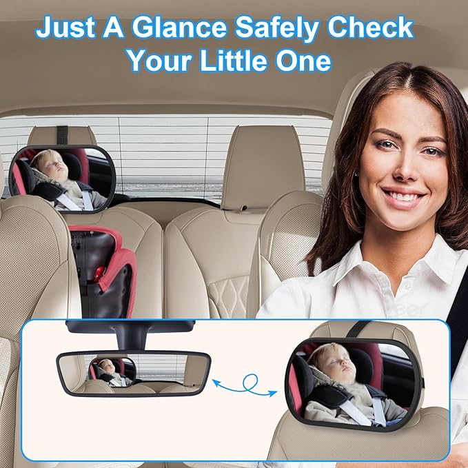 Baby Car Mirror, Safety Car Seat Mirror for Rear Facing Infant, Clear Wide View, 360°Rotation, Easily Observe the Baby Move, Secure, Shatterproof, Crash Tested and Certified (2-Pack)