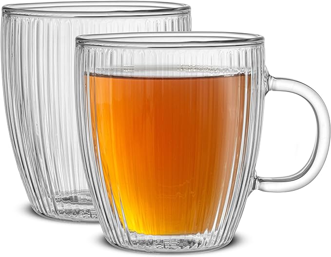 JoyJolt Fluted Glass Coffee Mugs, Double Wall 13.5oz Clear Glass Coffee Mug Set by JoyJolt